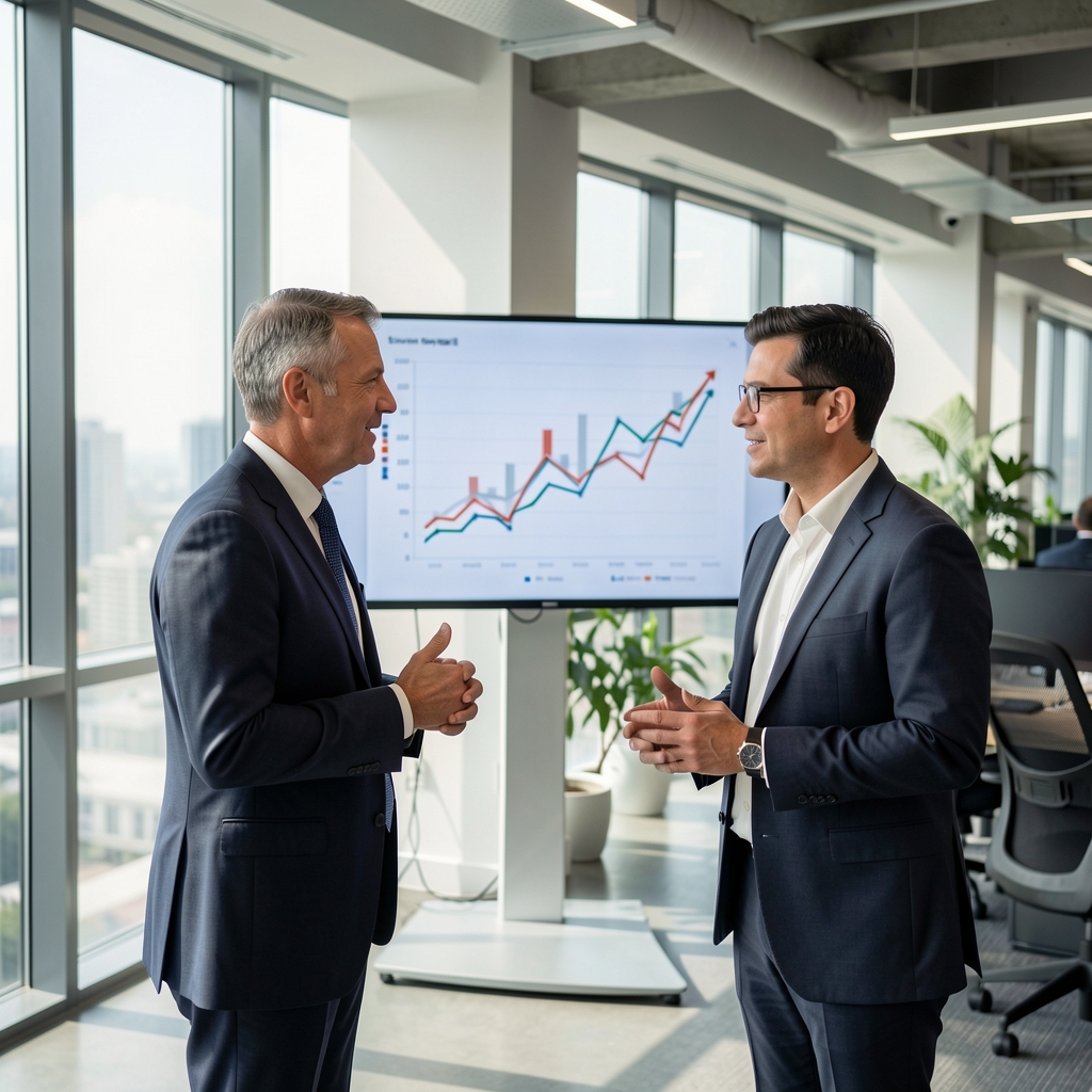 Dos economistas conversando frente a pantallas con gráficos de crecimiento económico en una oficina moderna iluminada con luz natural