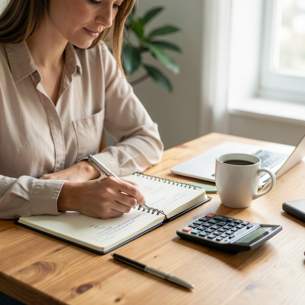 Persona calculando su presupuesto mensual en una mesa con cuaderno de notas, calculadora y taza de café, planificación financiera personal