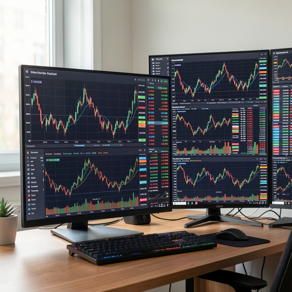 Tablero digital con indicadores financieros, gráficos de velas japonesas y pantallas múltiples mostrando mercados de valores en tiempo real