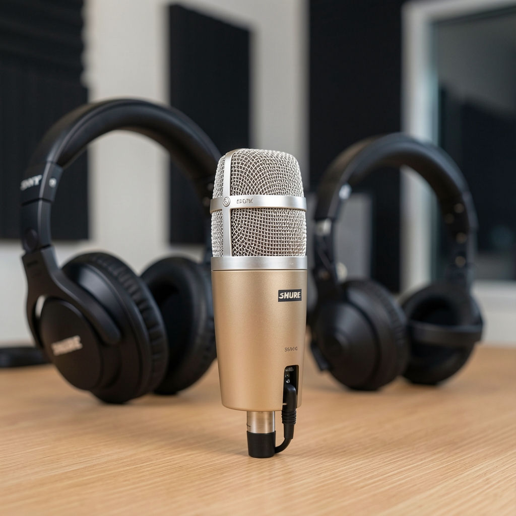 Micrófono de podcast profesional en primer plano con auriculares en el fondo sobre un escritorio de madera oscura en un estudio de grabación bien iluminado