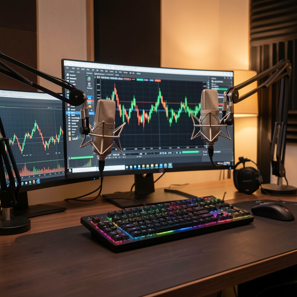 Estudio de grabación profesional con micrófonos de alta calidad, pantallas de onda de audio y ambiente cálido con iluminación tenue, preparado para la producción de podcast sobre finanzas