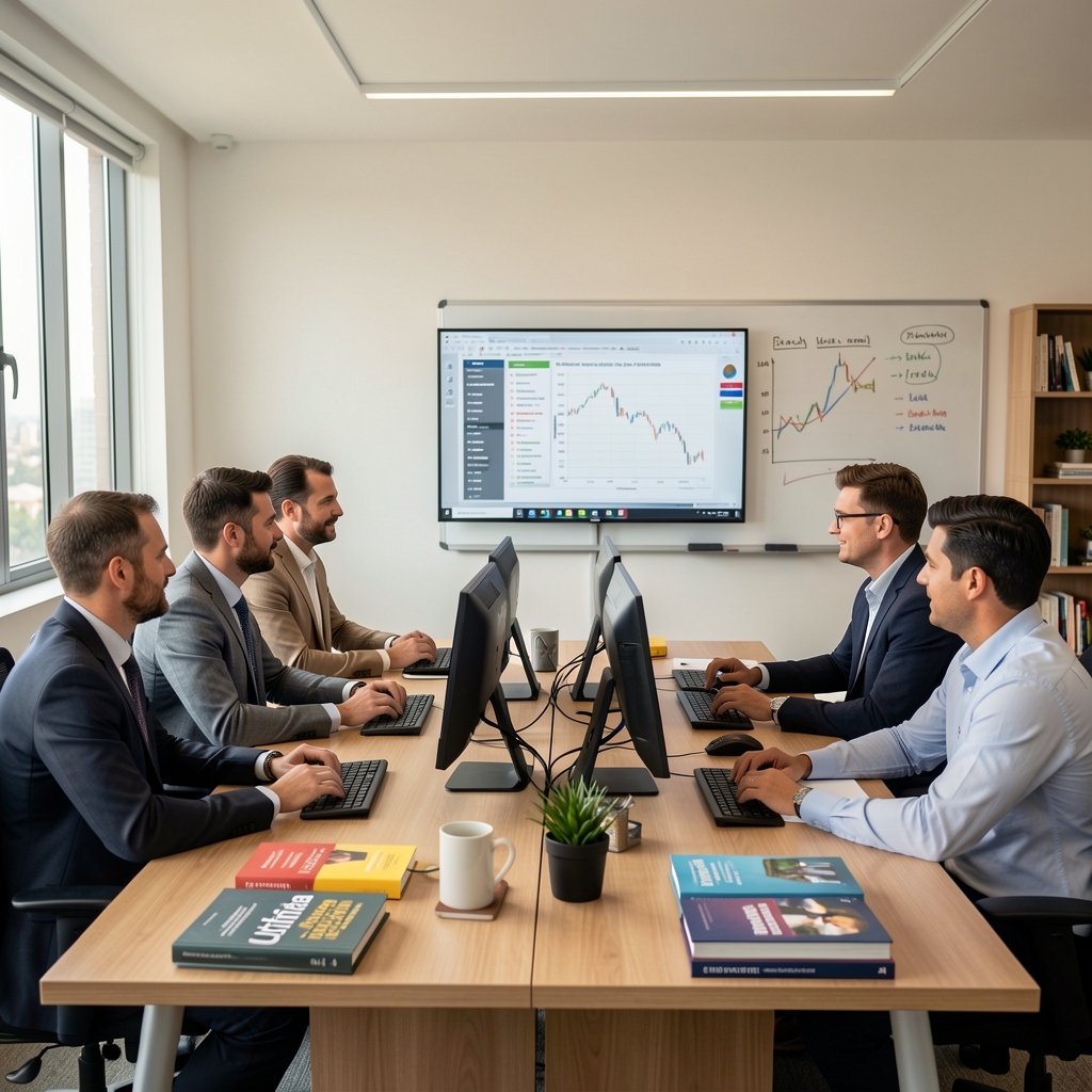 Equipo editorial de Gremika reunido en sala de trabajo moderna con libros de economía, computadoras y pizarras con análisis de contenido de audio financiero