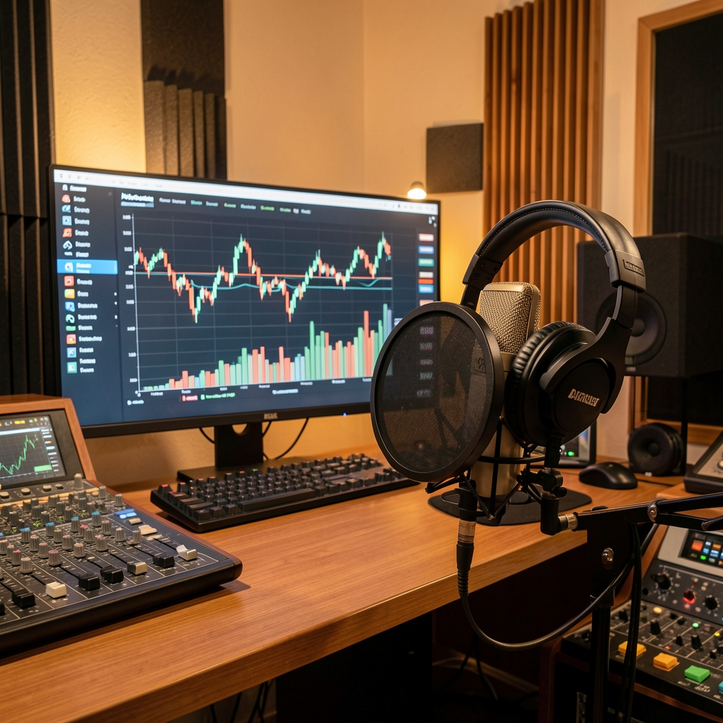 Estudio de grabación profesional con micrófono de condensador, auriculares y pantalla mostrando gráficos económicos de Argentina, iluminación cálida