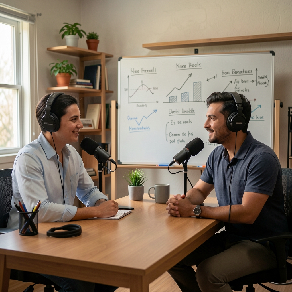 Dos emprendedores grabando episodio de podcast sobre negocios en Argentina en estudio casero con equipamiento profesional y pizarrón con ideas
