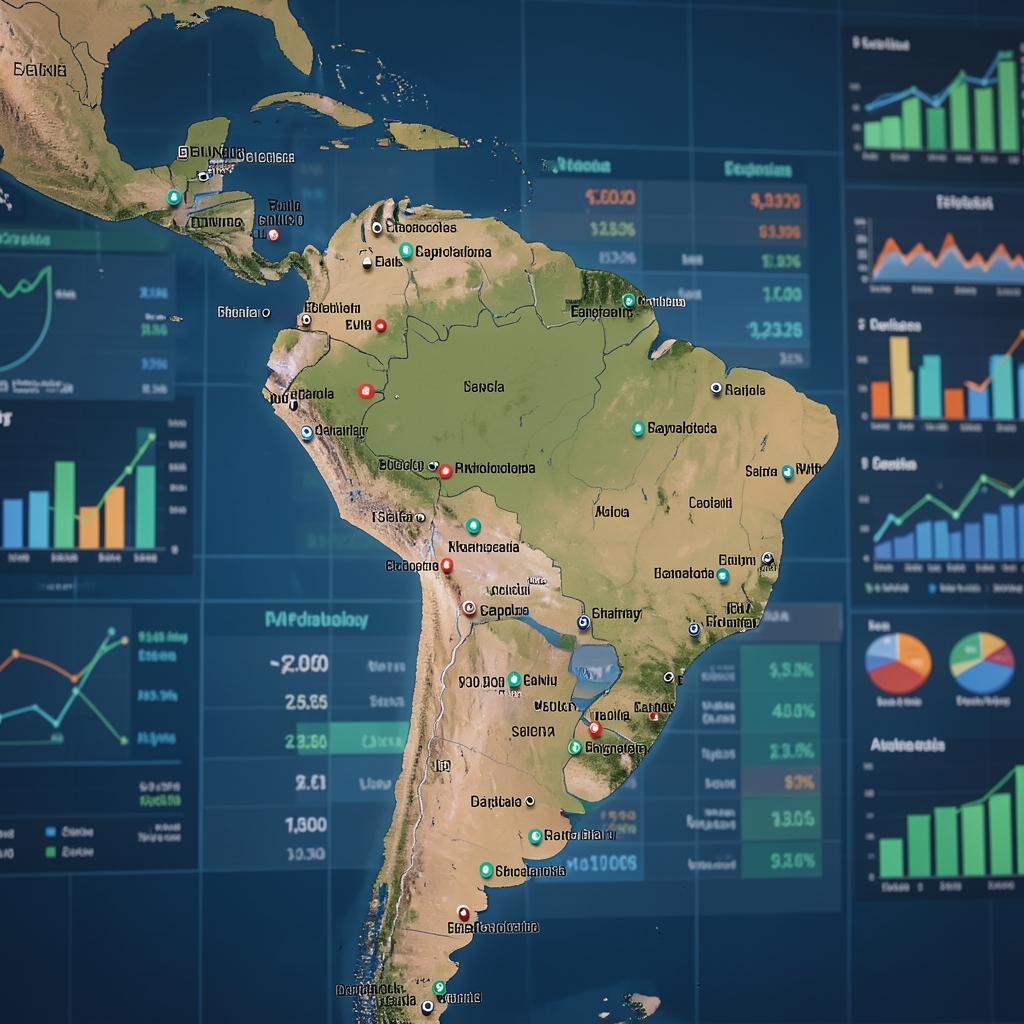 Mapa de América Latina con marcadores en capitales económicas, sobre fondo de pantalla con datos macroeconómicos regionales