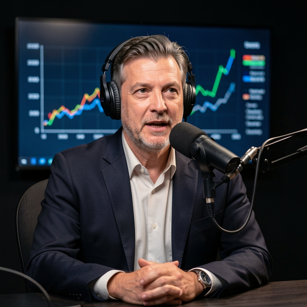 Conductor de podcast de economía argentina hablando frente a micrófono en estudio oscuro con gráficos de inflación en pantalla de fondo
