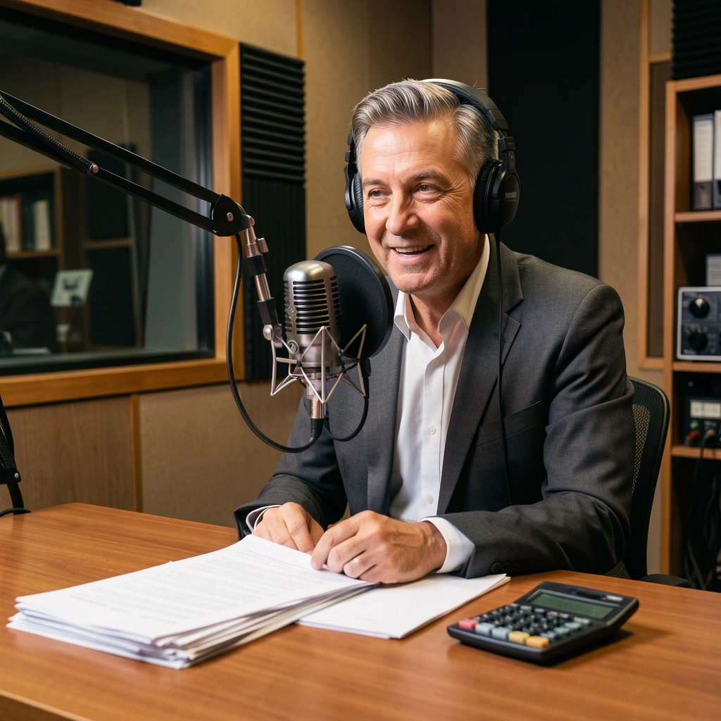 Locutor radio económica argentina frente a micrófono vintage en cabina de grabación, con papeles y calculadora sobre la mesa