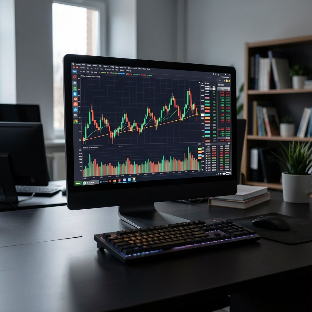 Pantalla de computadora mostrando gráficos de mercados financieros con velas japonesas y datos de la bolsa de Buenos Aires, en oficina oscura