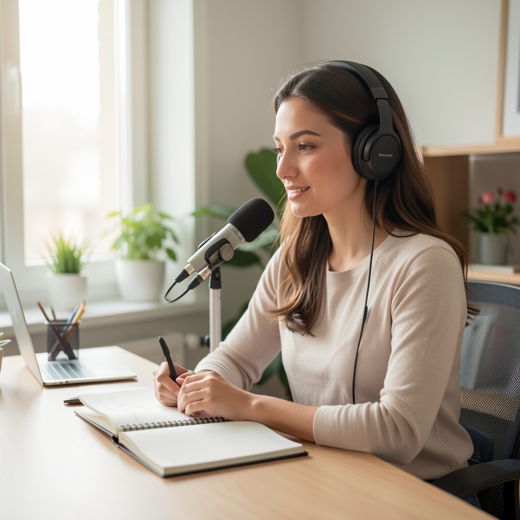 Mujer joven escuchando podcast de finanzas personales con auriculares inalámbricos, sentada en escritorio luminoso con cuaderno de anotaciones abierto