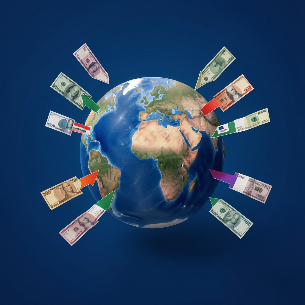 Portada del podcast Global Pesos con globo terráqueo estilizado y flechas de divisas internacionales sobre fondo azul marino