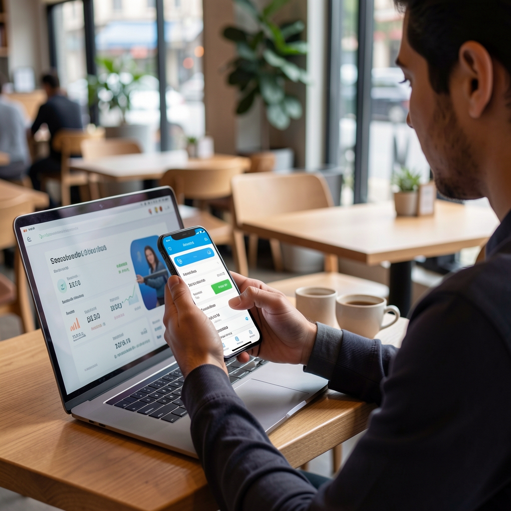 Persona joven usando billetera virtual en smartphone con aplicación fintech abierta mostrando saldo en pesos argentinos, sentada en café moderno de Buenos Aires con computadora portátil