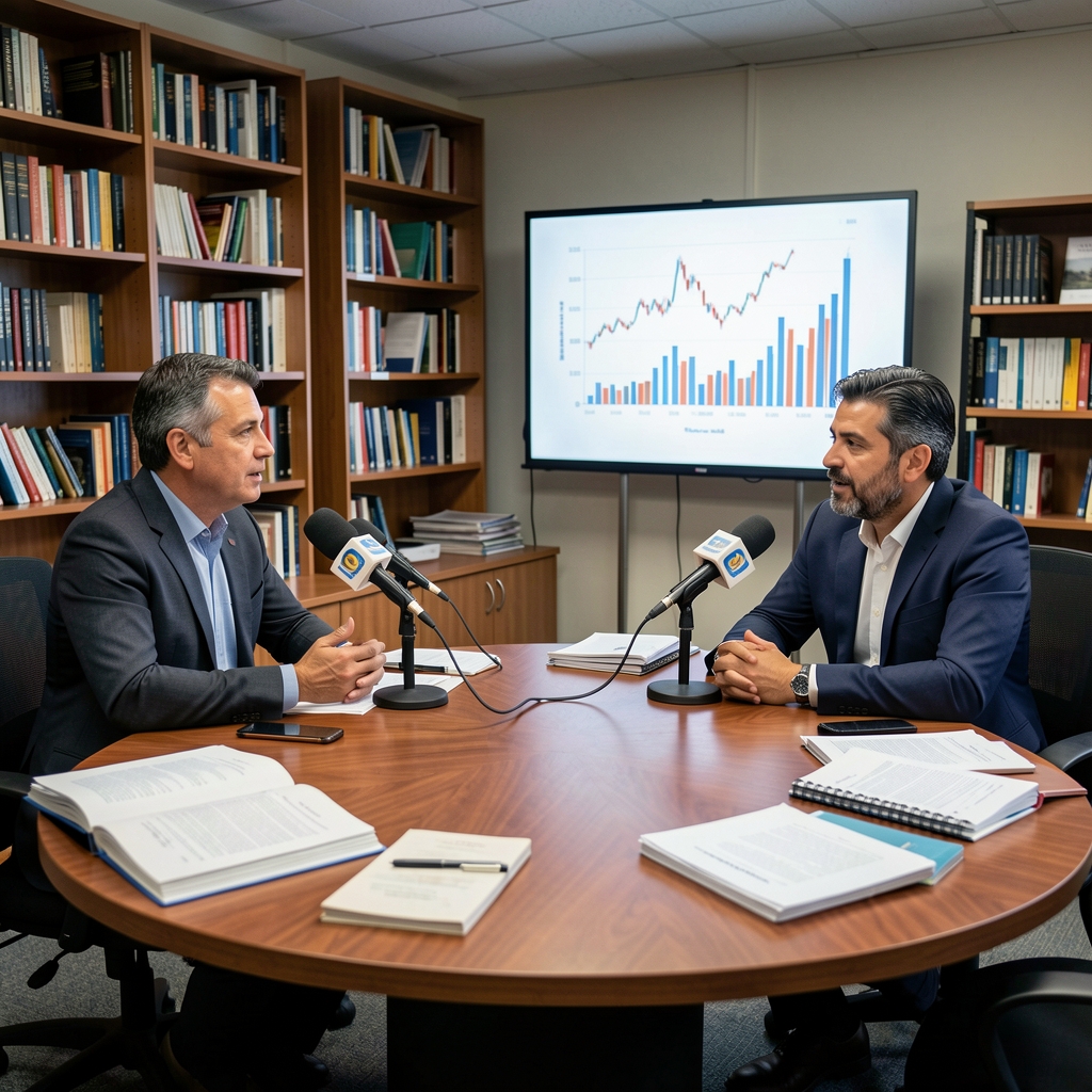 Mesa redonda de debate económico con dos economistas argentinos discutiendo sobre gráficos macroeconómicos, micrófonos sobre escritorio en estudio de grabación universitario con libros y documentos académicos