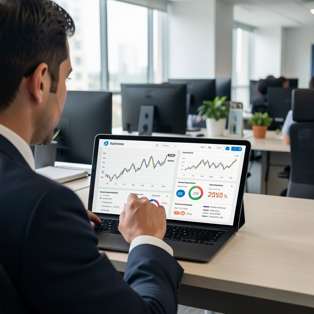 Persona revisando rendimiento de fondos comunes de inversión en tablet con gráficos de retorno porcentual y comparativa de carteras diversificadas en pesos argentinos sobre fondo de oficina financiera