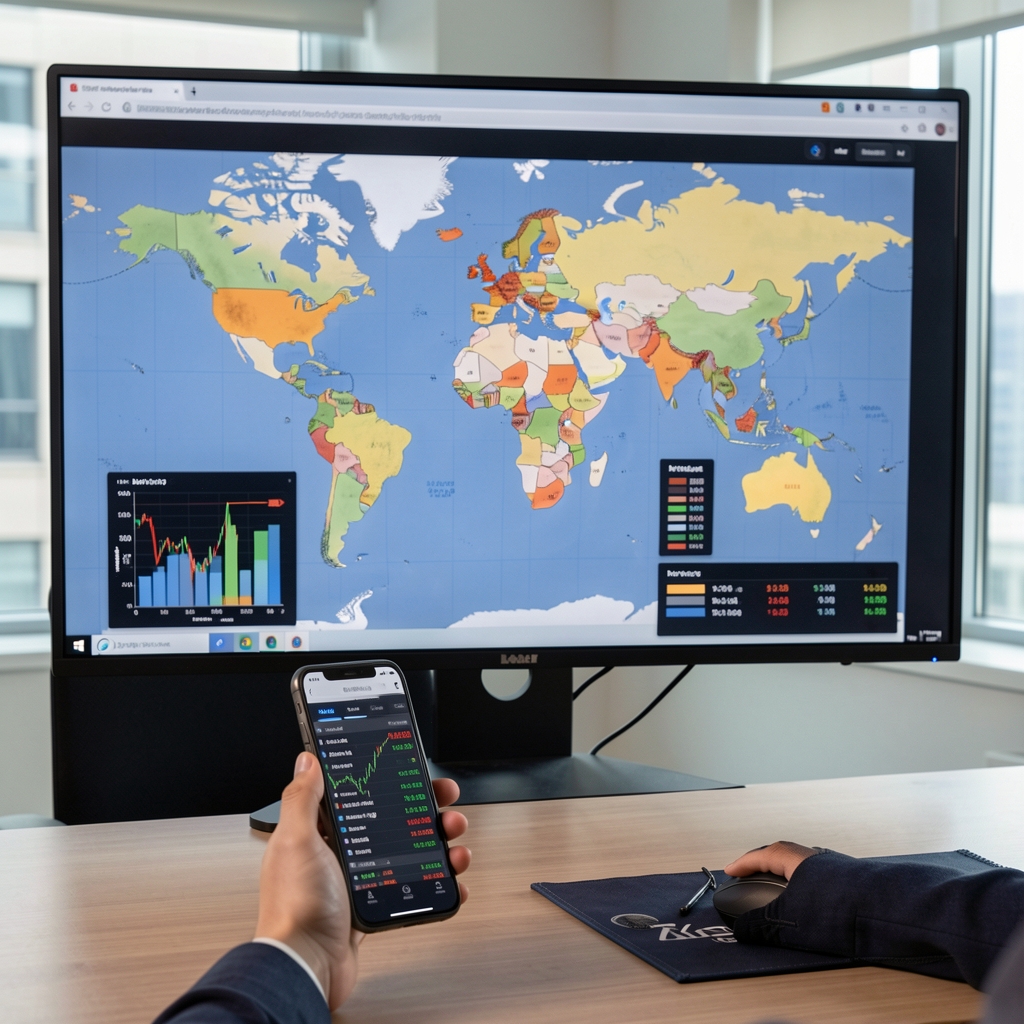 Periodista económica frente a pantalla con mapa mundi y datos macroeconómicos de distintos países, con teléfono inteligente mostrando cotizaciones en tiempo real sobre escritorio en estudio profesional