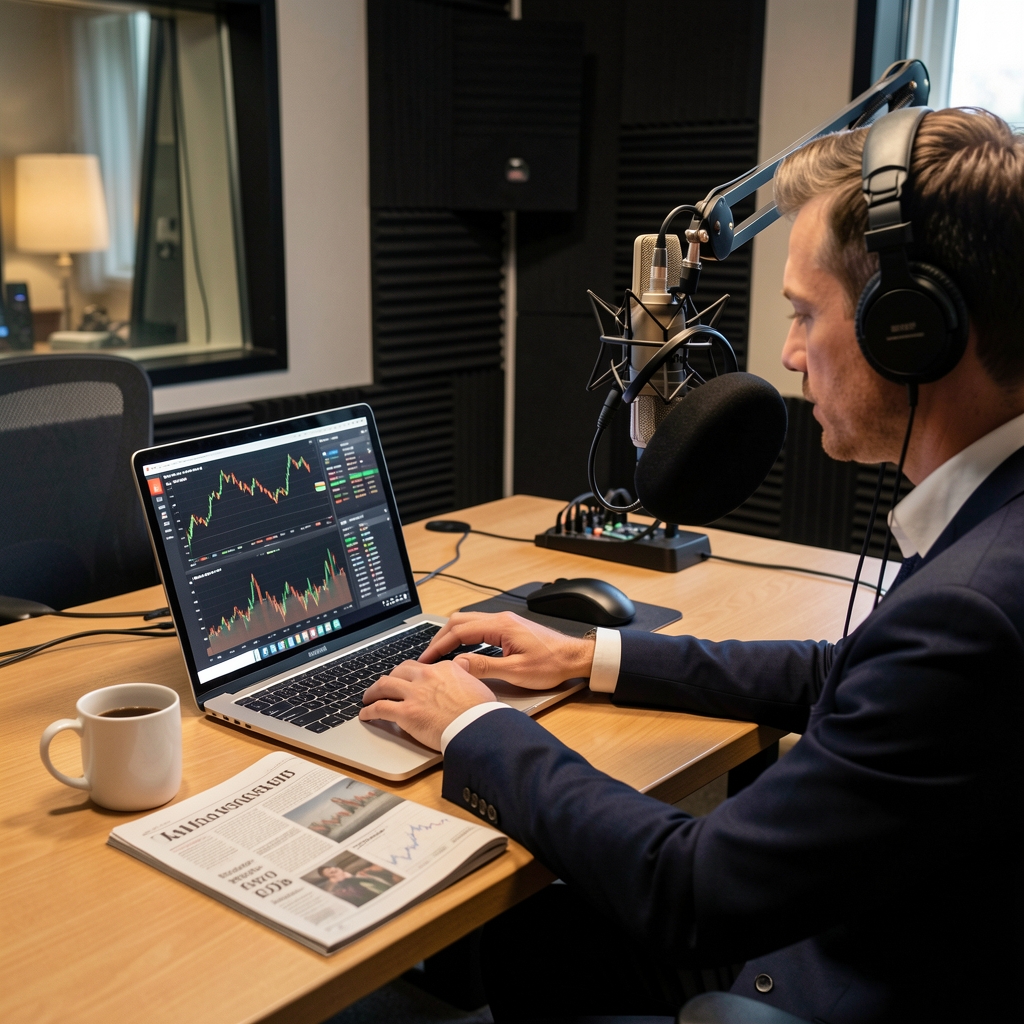 Conductor de podcast económico diario revisando datos en pantalla de computadora portátil con periódico financiero abierto y taza de café sobre escritorio en cabina de grabación en vivo
