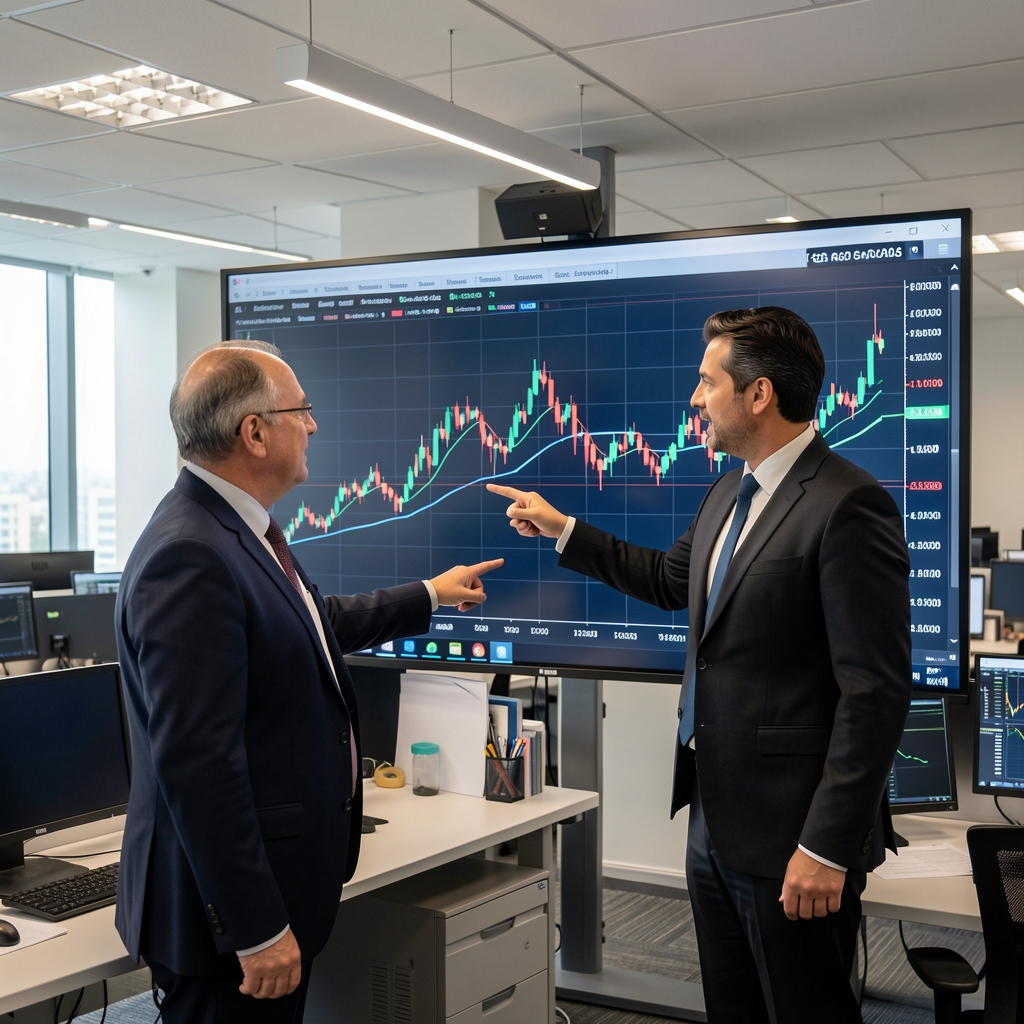 Analista financiero señalando gráficos de mercado bursátil argentino en pantalla grande con curvas de precios de acciones y bonos soberanos, en sala de operaciones iluminada